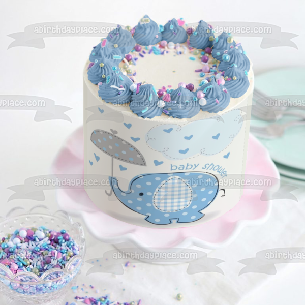 Little Blue Elephant with Umbrella Boy Baby Shower Edible Cake Topper Image ABPID00037 Fashion