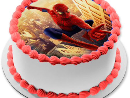 Marvel Spider-Man Jumping Over Buildings Edible Cake Topper Image ABPID11825 on Sale