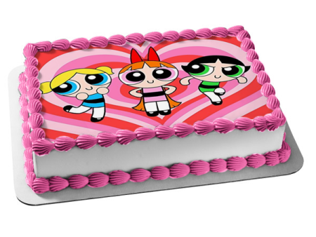 Power Puff Girls Blossom Bubbles Buttercup Hearts Background Edible Cake Topper Image ABPID24140 For Sale