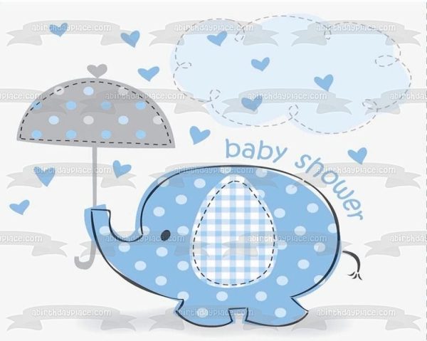 Little Blue Elephant with Umbrella Boy Baby Shower Edible Cake Topper Image ABPID00037 Fashion