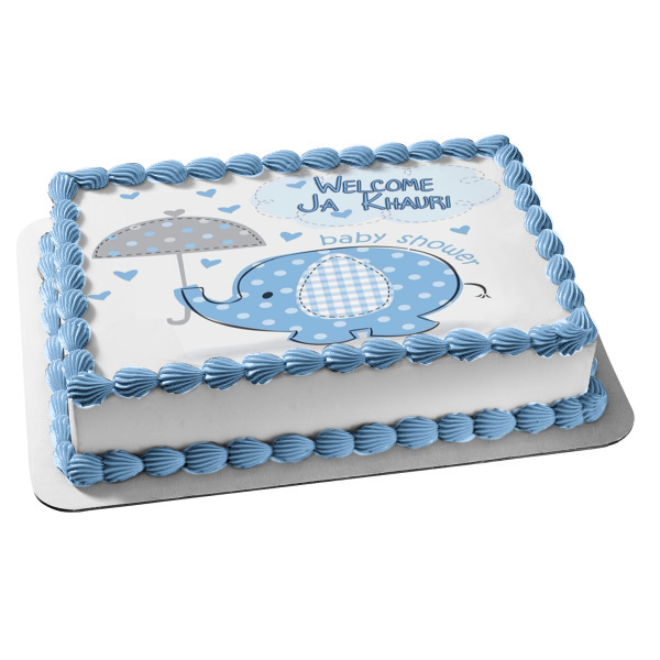 Little Blue Elephant with Umbrella Boy Baby Shower Edible Cake Topper Image ABPID00037 Fashion