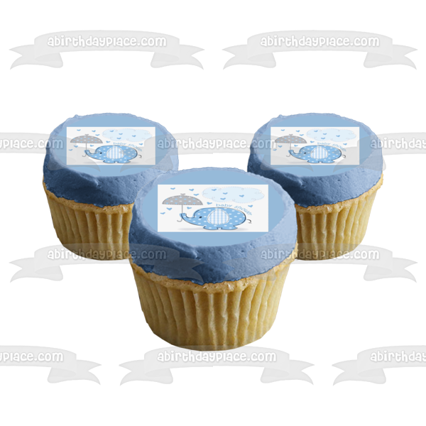 Little Blue Elephant with Umbrella Boy Baby Shower Edible Cake Topper Image ABPID00037 Fashion